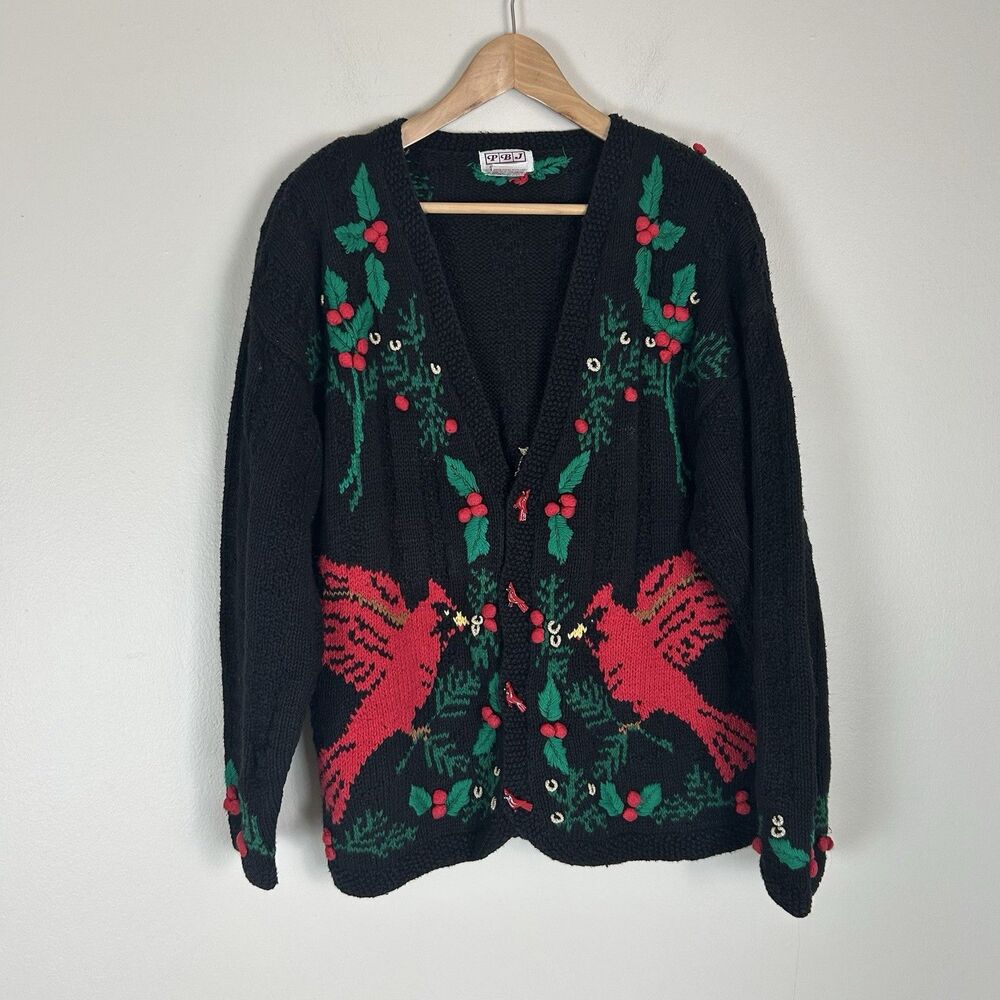 Vintage 90s Carrigan Christmas Sweater Cardin Bird Holly Embroidered Graphic